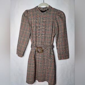 Zara Brown Checked Checkered Belted Belt Dress